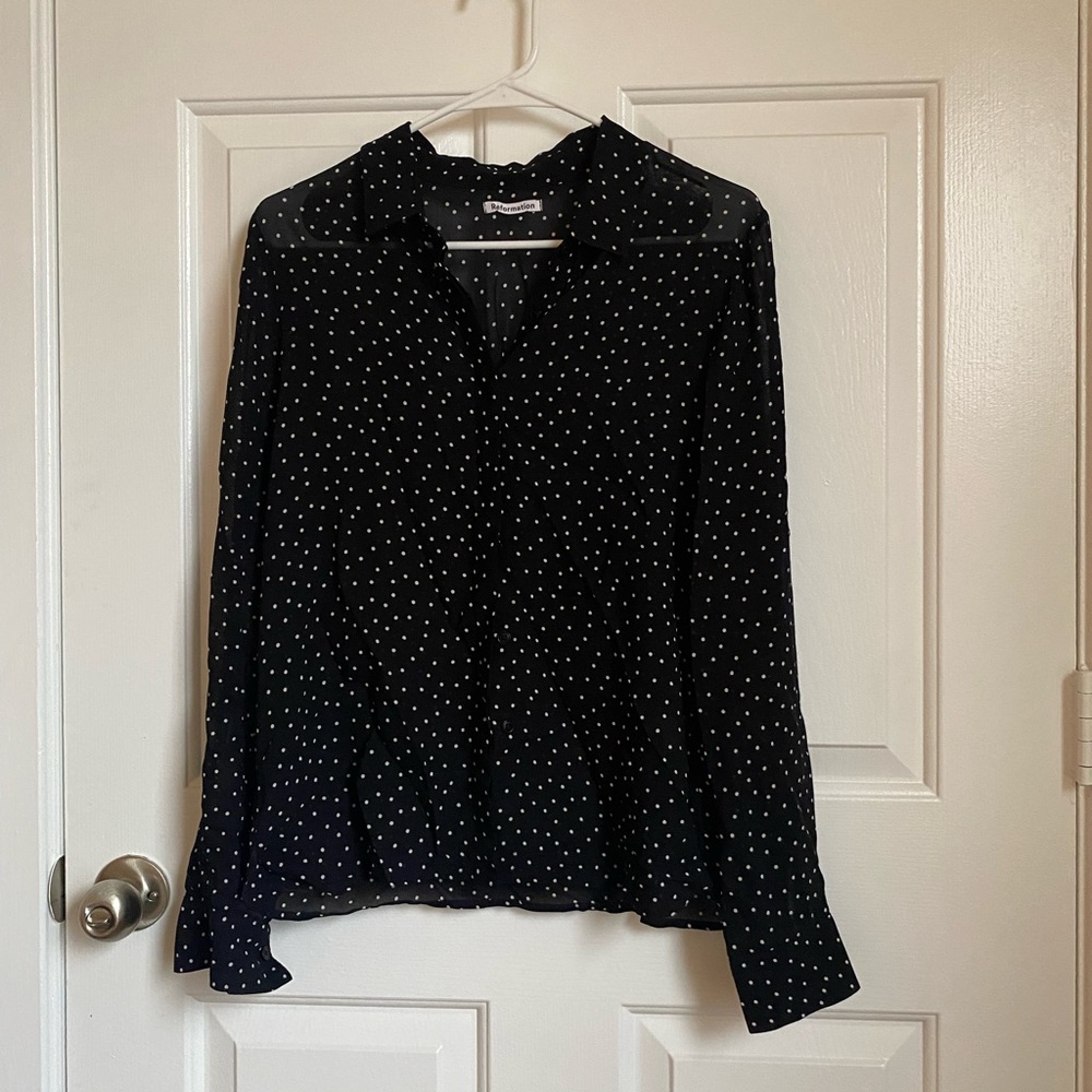 Reformation black long sleeve shirt white polka dots size S